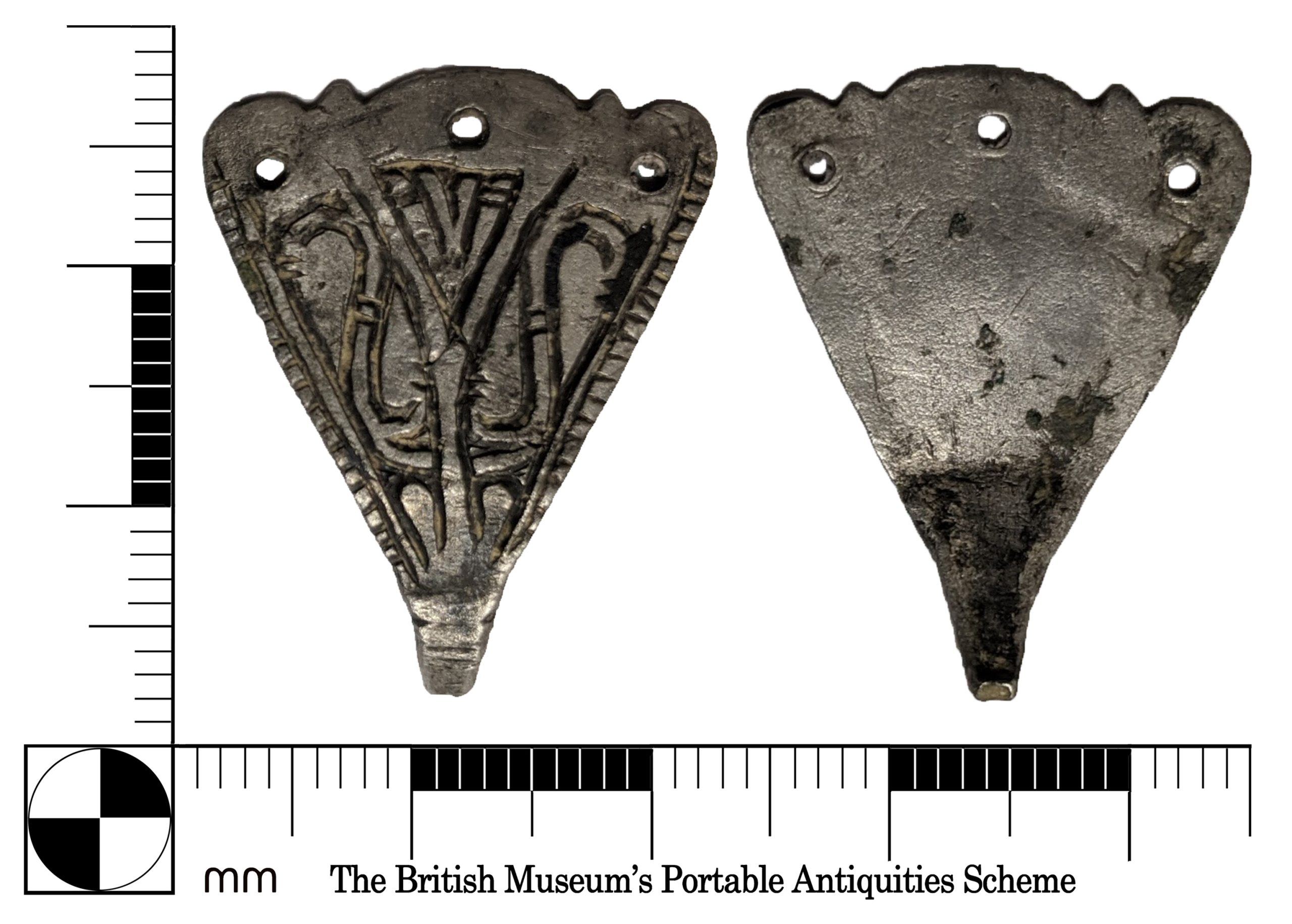 cast silver hook is engraved with decoration in the Trewhiddle Anglo Saxon style, appearing to show a bird in downward flight