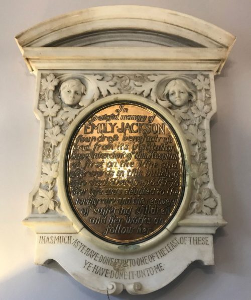 Memorial plaque in Emily Jackson House (2020), now a nursing home.